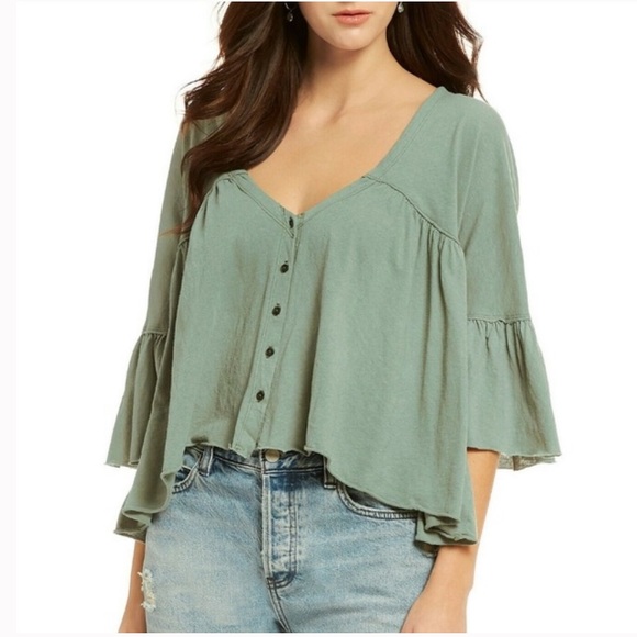 Free People Moss Green Vintage Wash Half Sleeve Babydoll Top - Picture 3 of 7